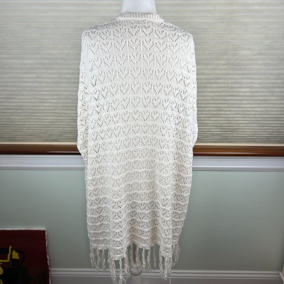 LA Hearts Cotton Linen Crochet Open Knit Open Front Longline Fringed Cardigan - Picture 3 of 16